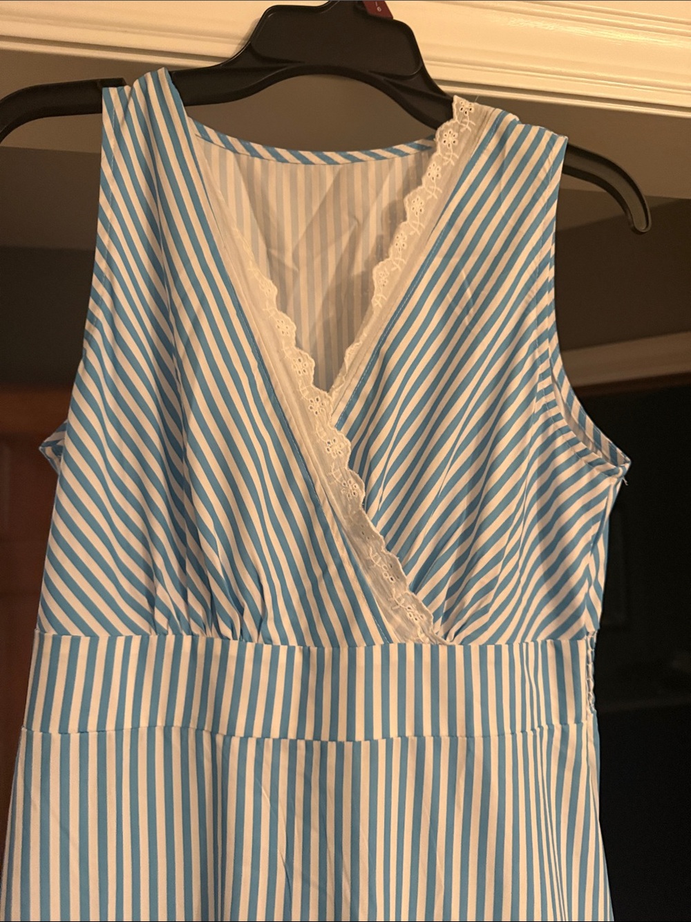 Blue and White Striped Sleeveless Lace-Trim Dress